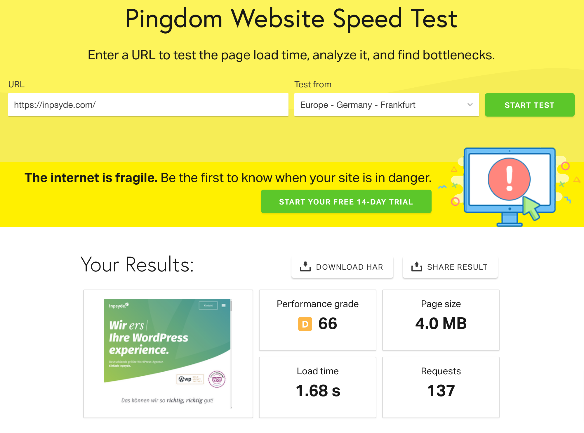 Ein Website Speed Test mit den Pingdom Tools.