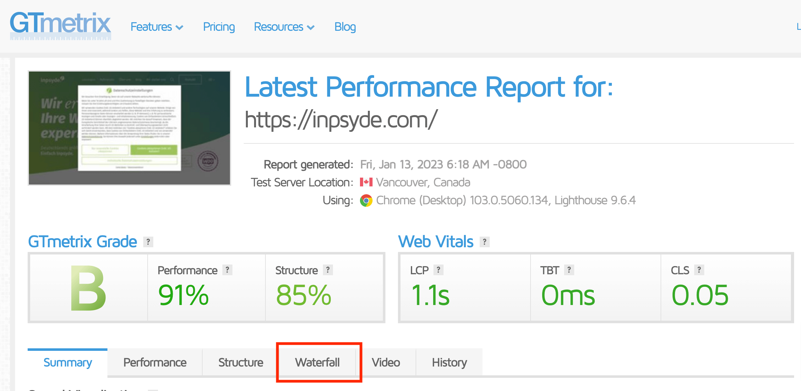 Ein GTmetrix Website Performance Report mit dem gemessenen Google Page Speed.
