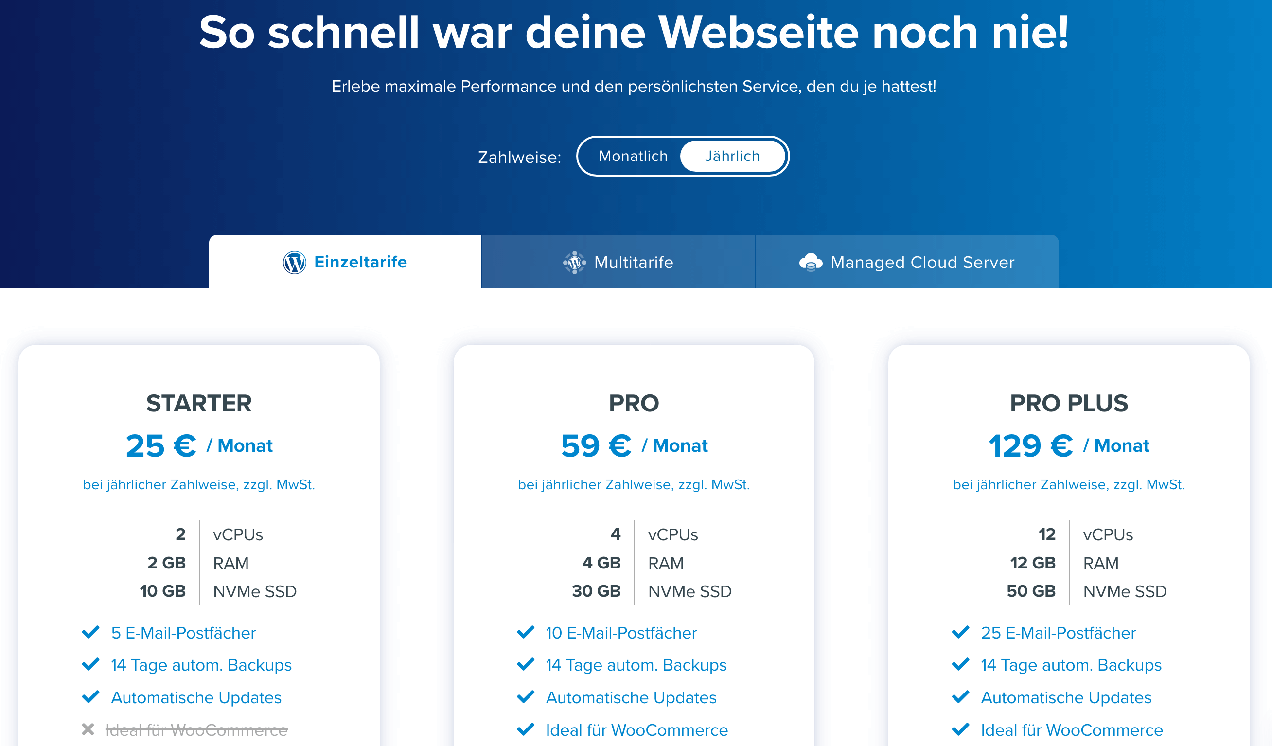 Die Einzeltarife vom WordPress Hosting Spezialisten HostPress.de. 