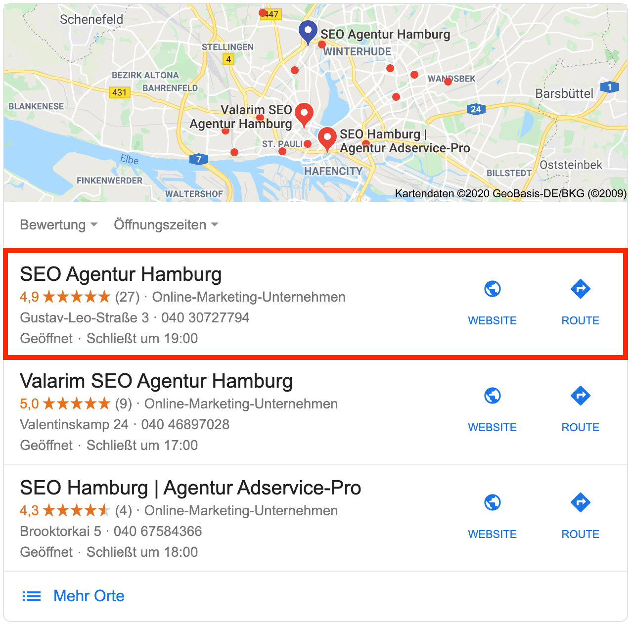 Die lokalen Suchergebnisse als Google Snack Pack. Perfekte Local SEO der Local SEO Agentur Hamburg