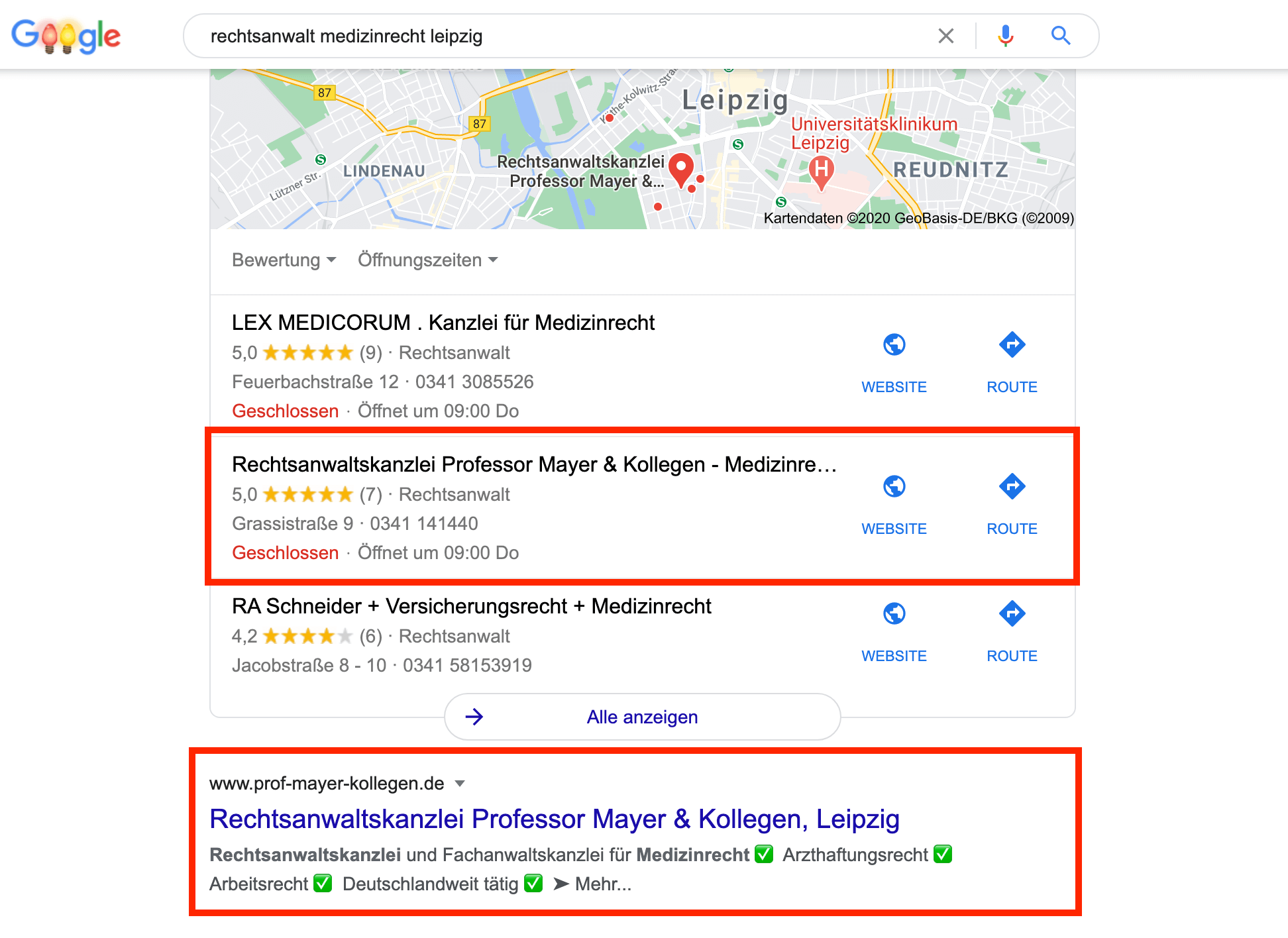Google-Suchergebnis Rechtsanwälte Professor Mayer & Kollegen. So sieht optimale regionale Suchmaschinenoptimierung / Lokales Online Marketing aus.
