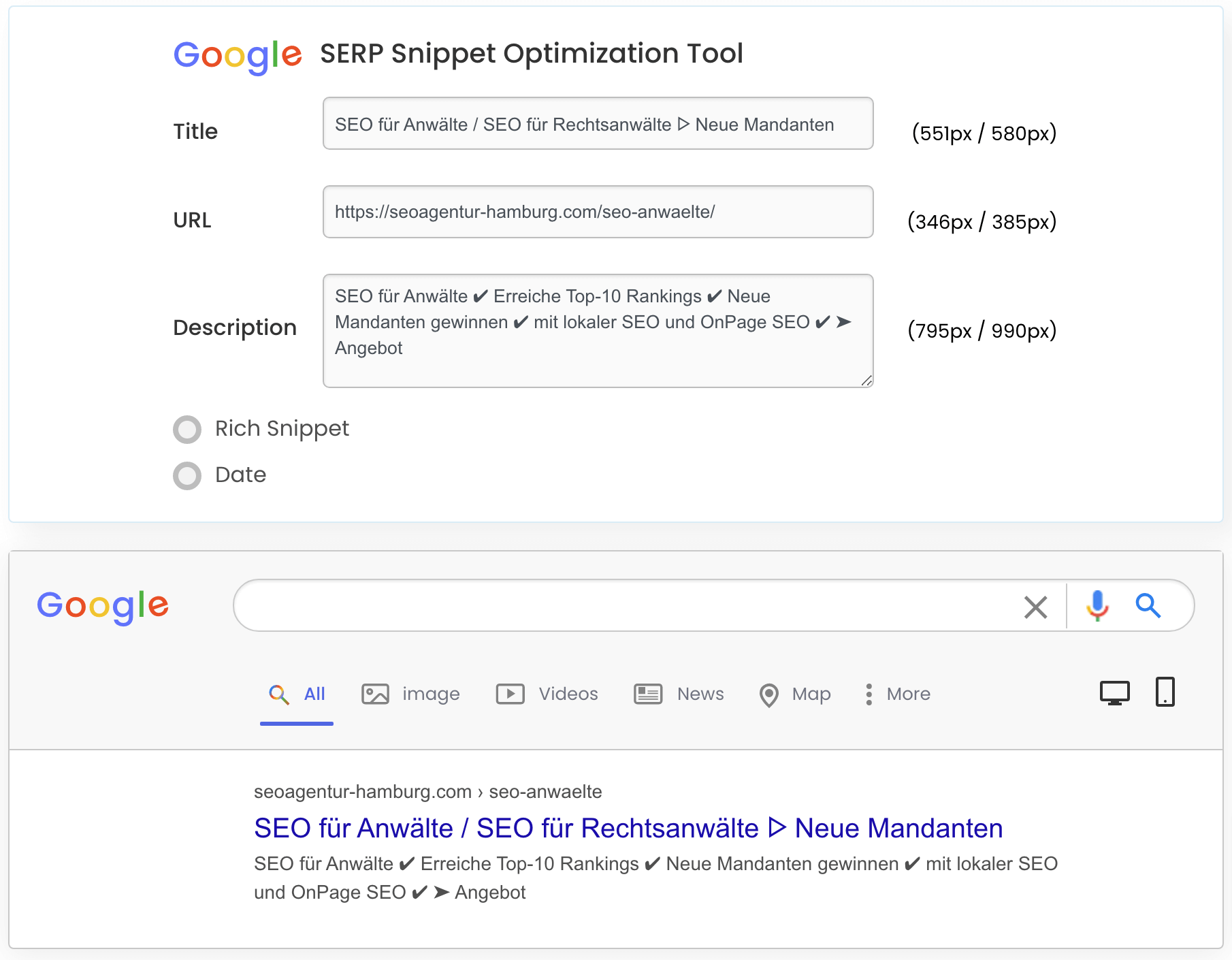 Die besten SEO Tools: Das Google SERP Snippet Optimization Tool