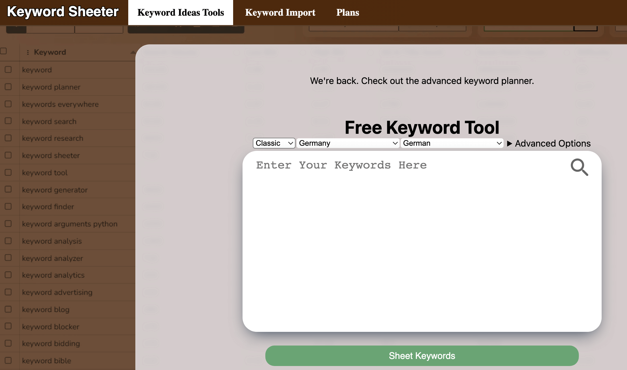 Das kostenlose SEO Tool Keyword Sheeter