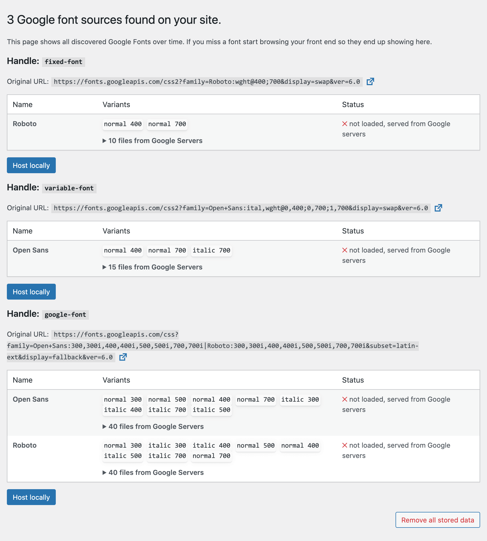 Die Einstellungen des Local Google Fonts Plugins.