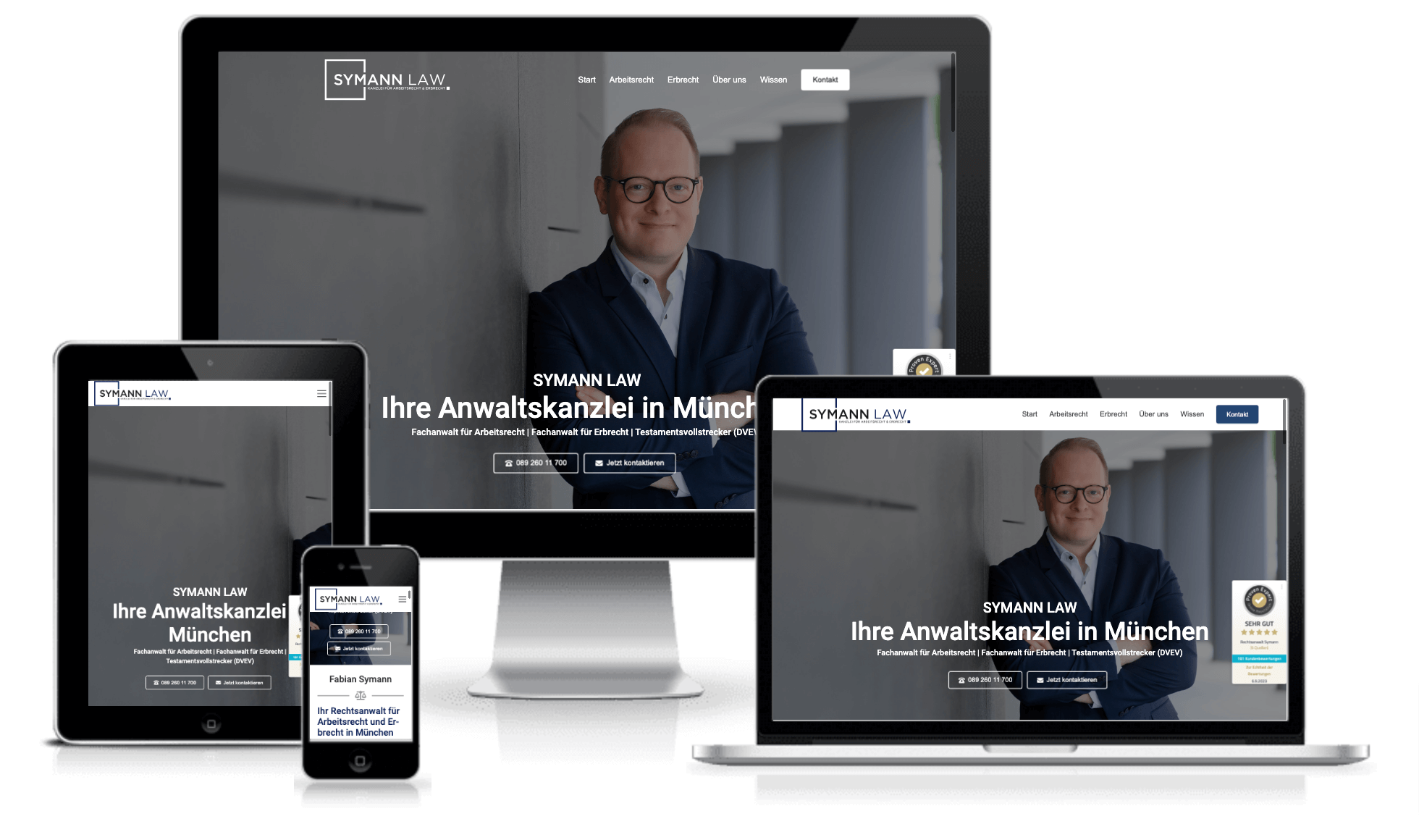 Die responsiven Ansichten der neuen Website von Rechtsanwalt Fabian Symann aus München.