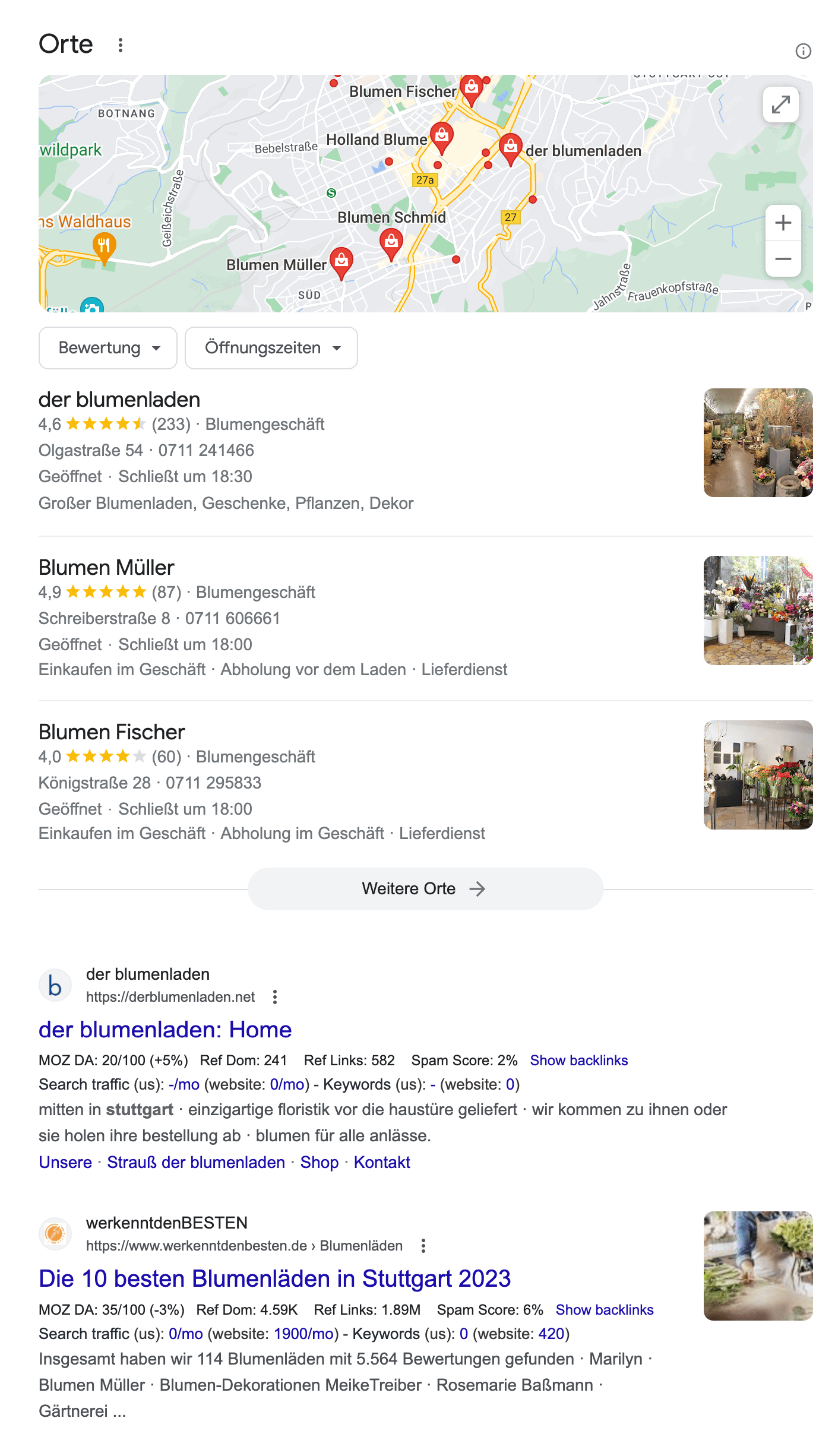 Google Suchergebnis Blumenladen Stuttgart mit Google Maps Einblendung.