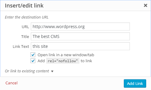 Das "Title and Nofollow For Links (Classic Editor)" Plugin erweitert die Link-Box des Classic-Editors von WordPress.