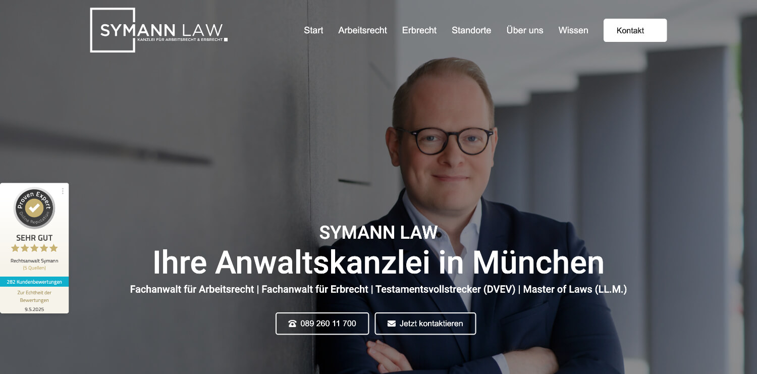 Die SEO- und Webdesign-Referenz der SEO Agentur Hamburg: Symann Law - Kanzlei für Arbeitsrecht und Erbrecht in München.